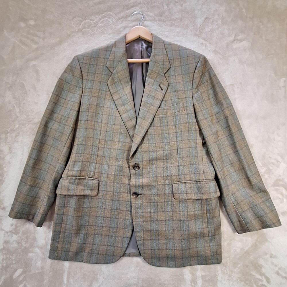 Tom James Blazer Mens 46L Brown Green Plaid Holland & Sherry Cloth Made USA